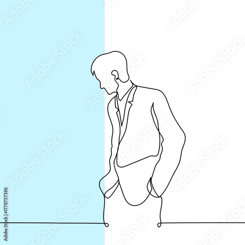 Businessman peeking from behind the wall - one continuous line vector. Concept of office worker procrastinating.