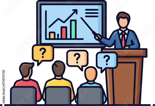 elevating understanding a presenter shares growth data, fueling thoughtful questions from attentive learners, isolated on transparent background