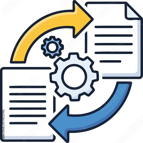 orchestrating process flow continuous document evolution and system optimization cycle, isolated on transparent background