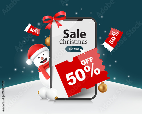 A snowman pokes its head out from the side of a smartphone with a red 50% off promotion sign for a Christmas or New Year promotional design, vector 3d illustration for online shopping concept design