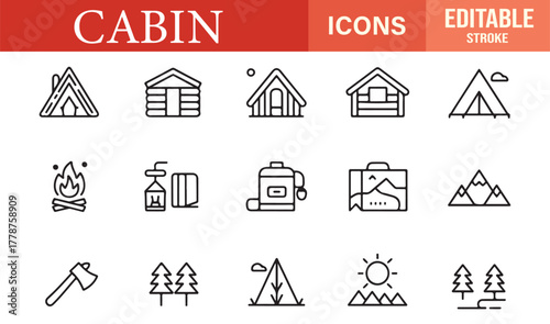 Set of clean line icons for cabins, backpacks, mountains, and campfires perfect for nature or eco-travel design.
