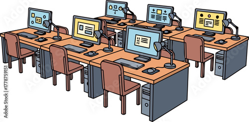 gateway to digital skills modern computer lab facilitating learning and innovation, isolated on transparent background