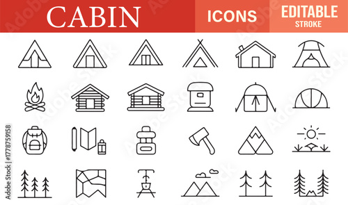 Vector outline pack of tent, lodge, and hiking icons for travel, recreation, and outdoor lifestyle concepts.