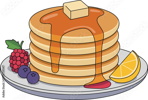 Stack of Pancakes with Syrup and Butter Vector - Breakfast, Dessert, and Berry Garnished Sweet Food Illustration