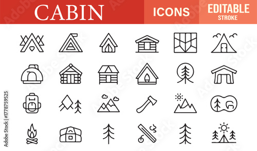 Editable outline vector icons of cabins, tents, and outdoor camping elements for adventure and travel design themes.