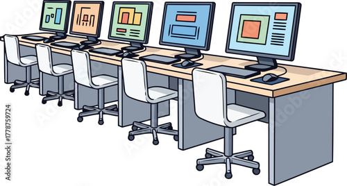 operational command center monitoring digital data across multiple interactive displays, isolated on transparent background