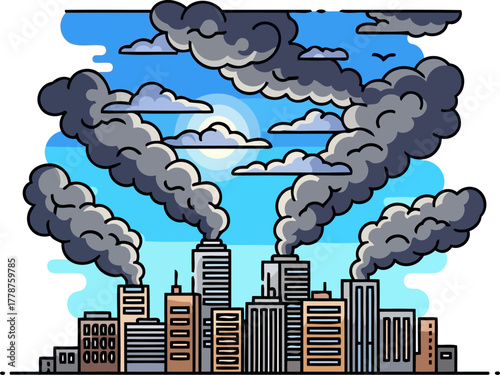 skylines struggle thick smoke plumes from factories obscure the sun, polluting city air, isolated on transparent background