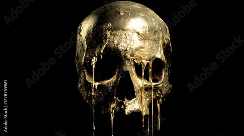 Metallic cranium structure appears covered in flowing molten precious metal against a dark background