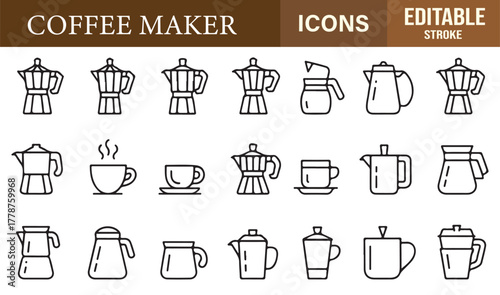 Vector outline icons of coffee pots, cups, and drip machines for beverage and breakfast design themes.