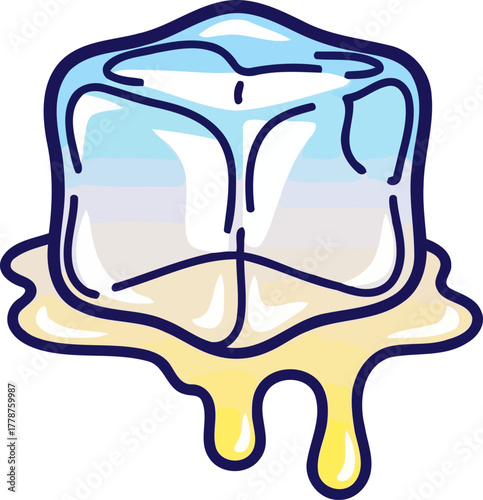 sweet surrender an illustrative ice cube melting into golden refreshment, isolated on transparent background