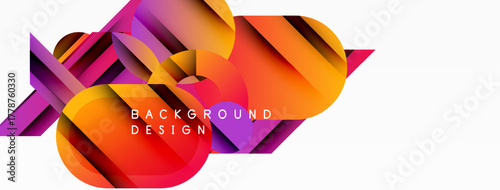 Abstract geometric shapes, vibrant colors, dynamic composition. Modern design elements create visually striking background.