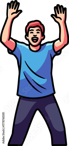 animated figure in blue exudes happiness, hands up, embracing a joyful accomplishment, isolated on transparent background