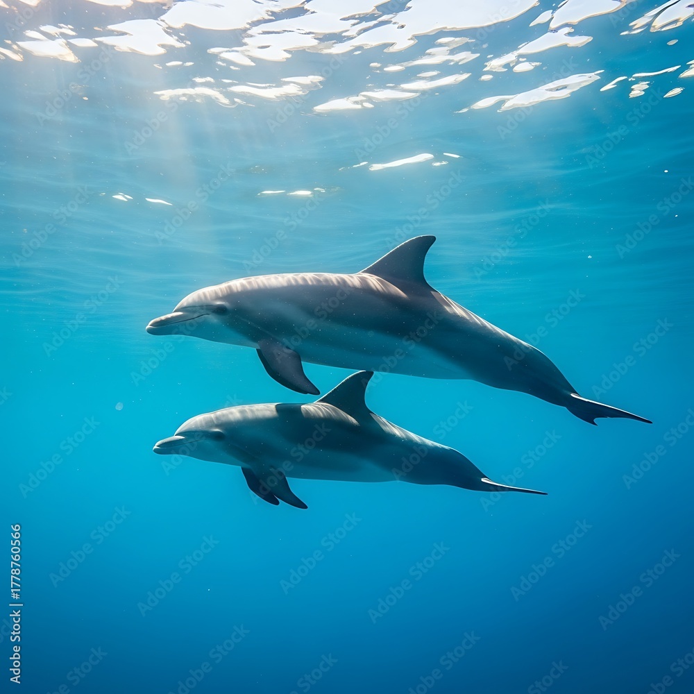 Fototapeta premium Experience the magic of the ocean with these graceful dolphins swimming in clear blue waters. Evokes freedom, adventure, and the beauty of marine life.