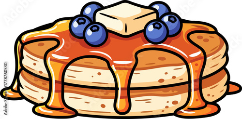 breakfast utopia golden pancakes, flowing syrup, fresh blueberries, and creamy butter, isolated on transparent background