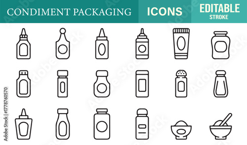 Line icon set of condiment jars, bottles, and shakers for cooking, restaurant, and food packaging design use.
