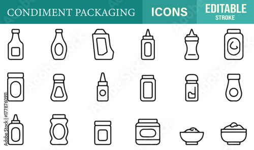 Minimalist editable stroke icon set of condiment bottles, jars, and seasoning containers for vector food design.