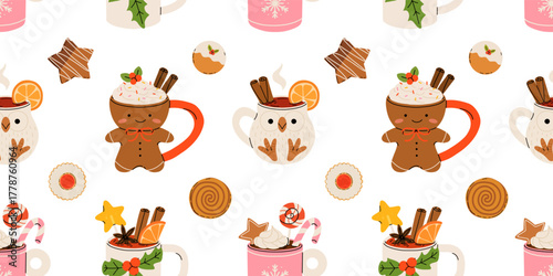 Seamless Christmas pattern with cute mugs of hot chocolate, coffee, whipped cream, gingerbread cookies, and festive sweets. Cozy winter holiday vector illustration.