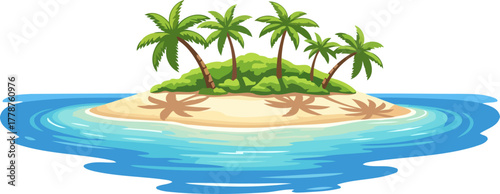 dreamy palm island illustrated haven of golden sand and sparkling tropical waters, isolated on transparent background