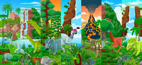 Cartoon prehistoric dinosaur characters collage. Vector dino species sauropods, triceratops, ankylosaurs and theropods in jungle landscapes with volcanoes, waterfalls and lush vegetation on background