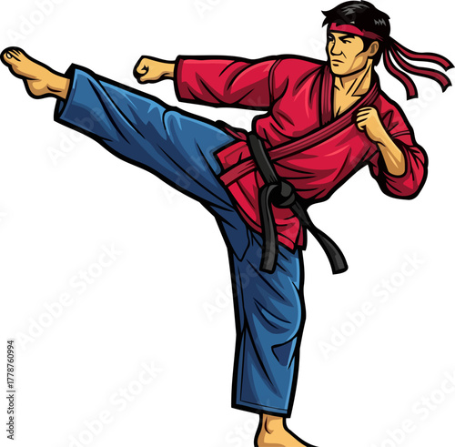 dynamic martial prowess a focused warrior unleashing a powerful kick, isolated on transparent background