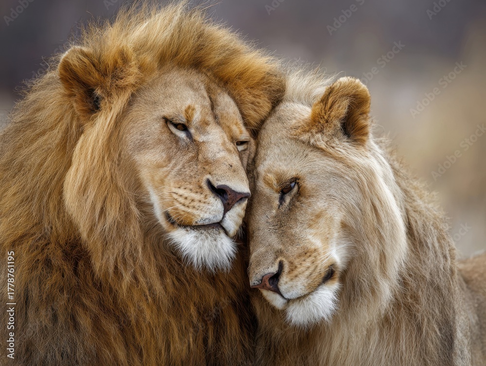 Obraz premium Lion Love Affectionate Pair Resting Head-to-Head with Eyes Closed, Symbolizing Bond and Tranquility