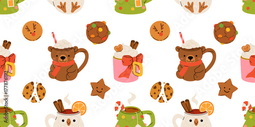 Seamless Christmas pattern with cute mugs of hot chocolate, coffee, whipped cream, gingerbread cookies, and festive sweets. Cozy winter holiday vector illustration.