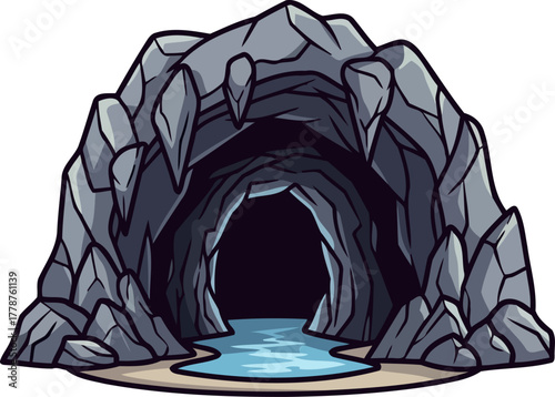 enigmatic grotto portal cartoon cave beckons with hidden depths and aqueous secrets, isolated on transparent background