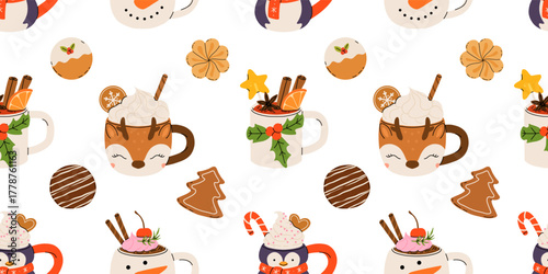 Seamless Christmas pattern with cute mugs of hot chocolate, coffee, whipped cream, gingerbread cookies, and festive sweets. Cozy winter holiday vector illustration.