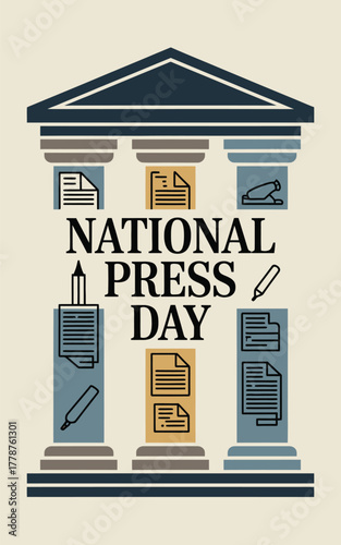 National Press Day Vector with Pillar Architecture and Journalism Icons Illustration