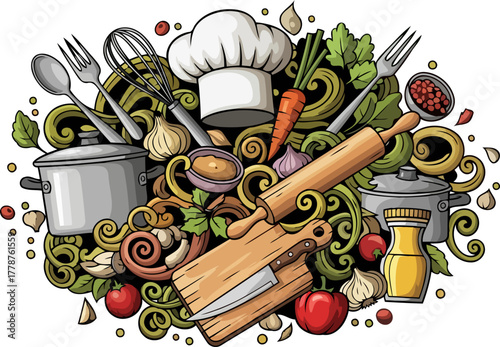 gourmet adventures await illustrated bounty of cooking prep and flavorful elements, isolated on transparent background