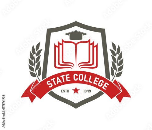 International college sport team icon or sign. International academy vector emblem, academic education symbol. College or university badge with graduation cap, open book, laurel wreath and red ribbon