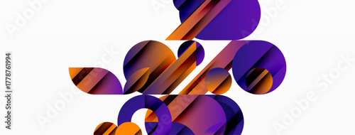 Abstract shapes overlap, creating vibrant purple, orange gradients. Modern design suggests fluidity, movement, digital art. Clean background enhances visual impact.