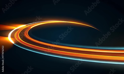 Abstract swirling light trails of orange and blue streaks against a dark background representing speed and motion