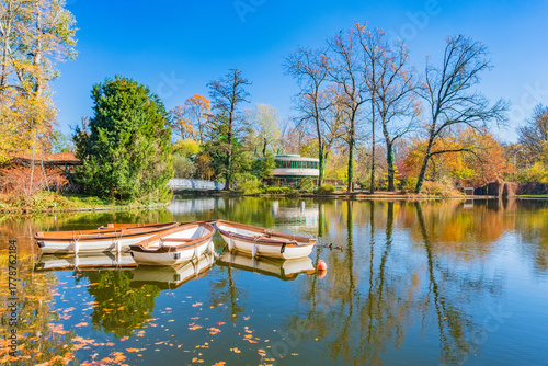 Boats on lake in Maksimir park in autumn ih Zagreb, capital of Croatia
