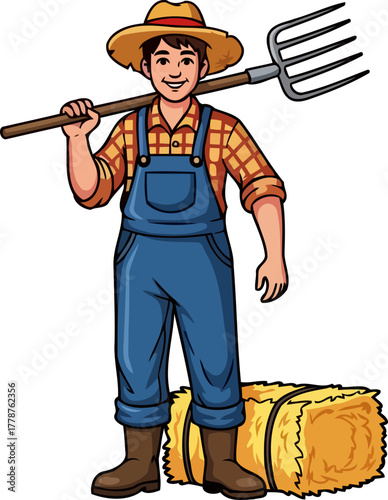 smiling farmer with pitchfork, ready for honest work on the fertile land, isolated on transparent background