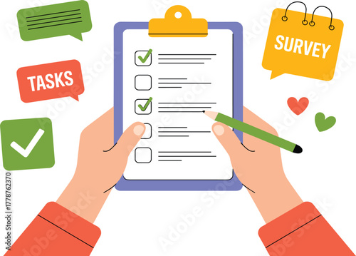 Hand Filling Checklist on Clipboard Vector - Survey, Tasks, and To Do List Management - Feedback Form Illustration