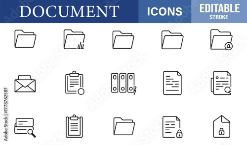 Linear vector collection of folder, document, and binder icons for business organization and file storage.