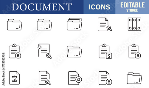Editable outline vector icons of documents, folders, and reports for office, business, and data management designs.