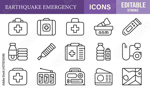 Editable stroke icon pack showing emergency kits, flashlights, and radios for preparedness and safety themes.