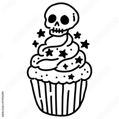 Cute Gothic Skull Cupcake Line Art Illustration Kawaii Spooky Christmas Dessert Sweet Treat Doodle for Coloring Pages Stickers Baking and Craft Projects