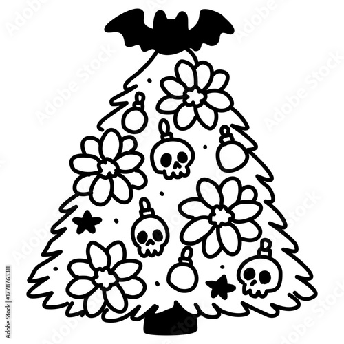 Cute Gothic Christmas Tree Line Art Illustration Kawaii Spooky Holiday Decor with Skulls Flowers and Bat Topper Doodle for Coloring Pages Stickers and Craft Designs