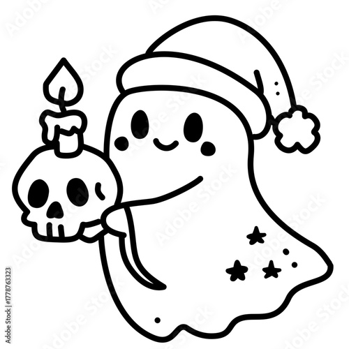 Adorable Ghost with Santa Hat Line Art Illustration Kawaii Gothic Christmas Character Holding Skull Candle Spooky Holiday Doodle for Coloring Pages and Crafts