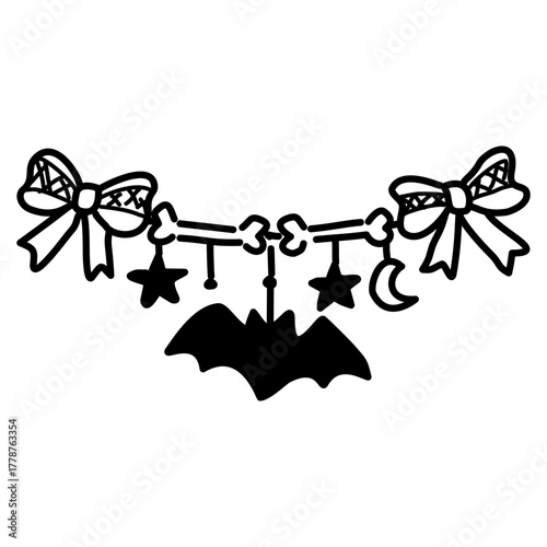 Kawaii Bat and Moon Bone Garland with Bows Line Art Illustration Cute Gothic Christmas Decoration Doodle Spooky Banner Clip Art for Coloring Pages Stickers and Crafts