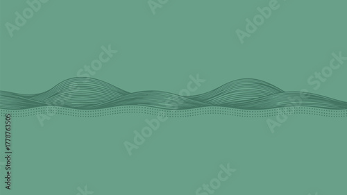 Abstract green background with wavy lines forming hills and small dots in the foreground area