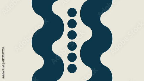 A graphic design with a vertical line of circles between two wavy lines on a light background color
