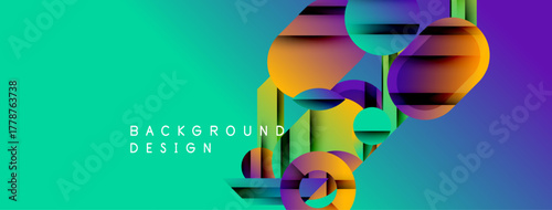 Vibrant abstract design. Geometric shapes overlap, creating colorful layers. Gradient background transitions from teal to purple. Modern visual element.