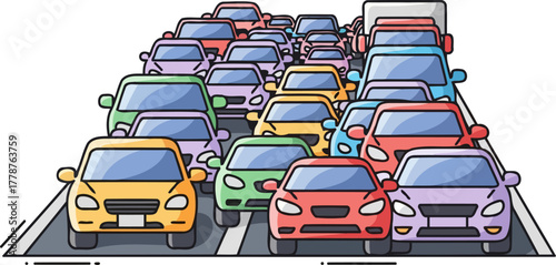 endless lanes of silent commuters, a vibrant mosaic of halted urban life, isolated on transparent background