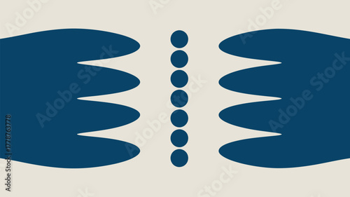 Two abstract blue hands facing each other with a line of blue circles in between on a cream background