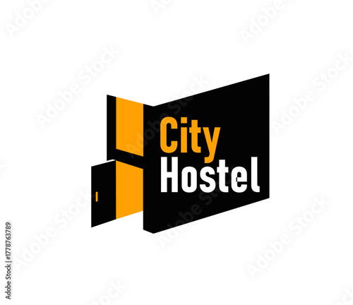 City hostel icon for urban hotel or guest house rooms rent, vector app sign. Hostel icon in modern creative trendy style with door and window light silhouette for hotel apartments or guesthouse