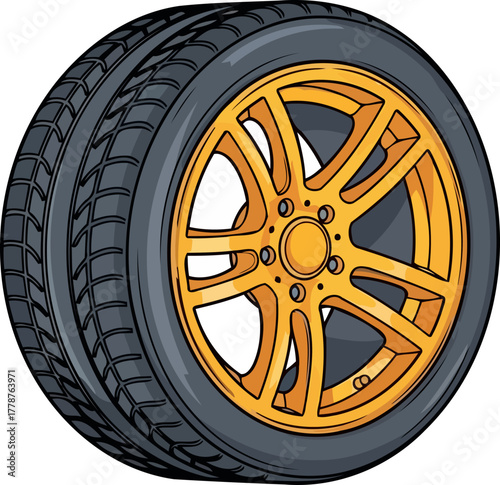 golden spoke wheel driving modern journeys with style and engineered performance, isolated on transparent background